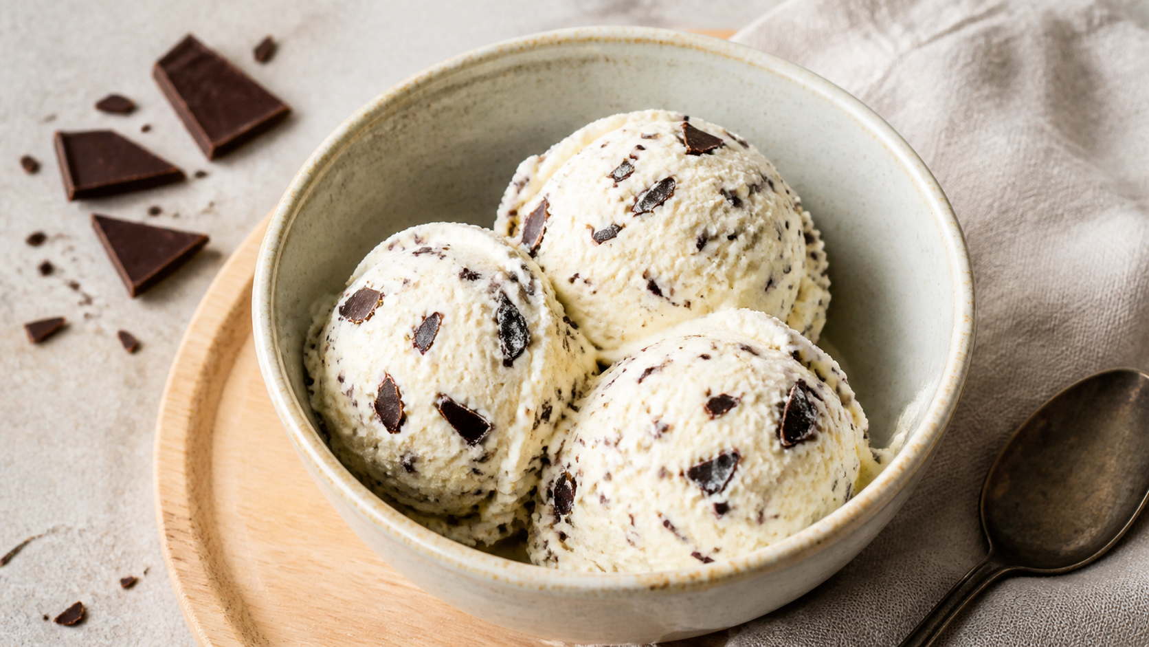 Keto Stracciatella-Eis mit feinen dunklen Schokoladensplittern in einer Schale