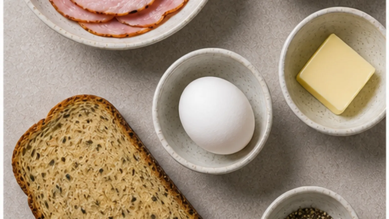 Zutaten für Keto Strammer Max mit Keto-Brot, Schinken und Spiegelei: Keto-Brot, Kochschinken, 4 Eier, Butter, Schnittlauch