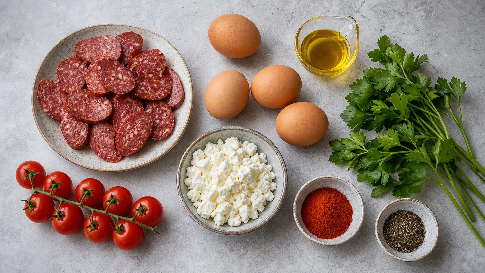 Zutaten für Keto Sucuk mit Spiegeleiern: Sucuk-Scheiben, Eier, Schafskäse, Cherry-Tomaten und Petersilie