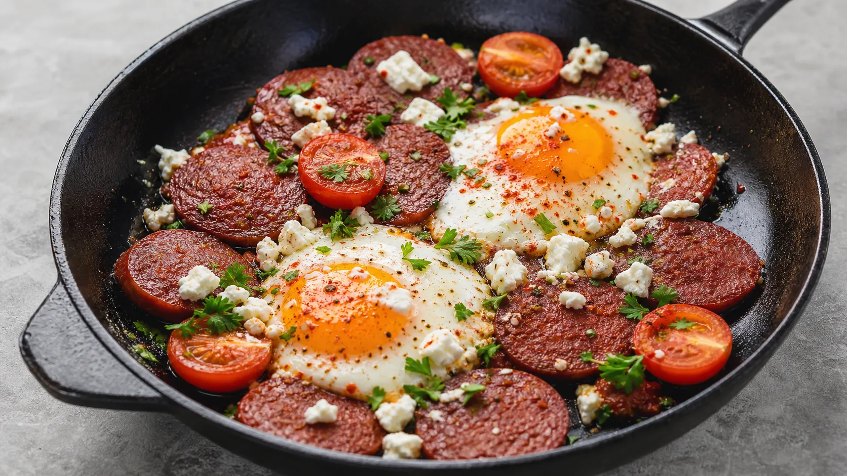 Keto Sucuk mit zwei Spiegeleiern, zerbröseltem Schafskäse und Petersilie in einer gusseisernen Pfanne
