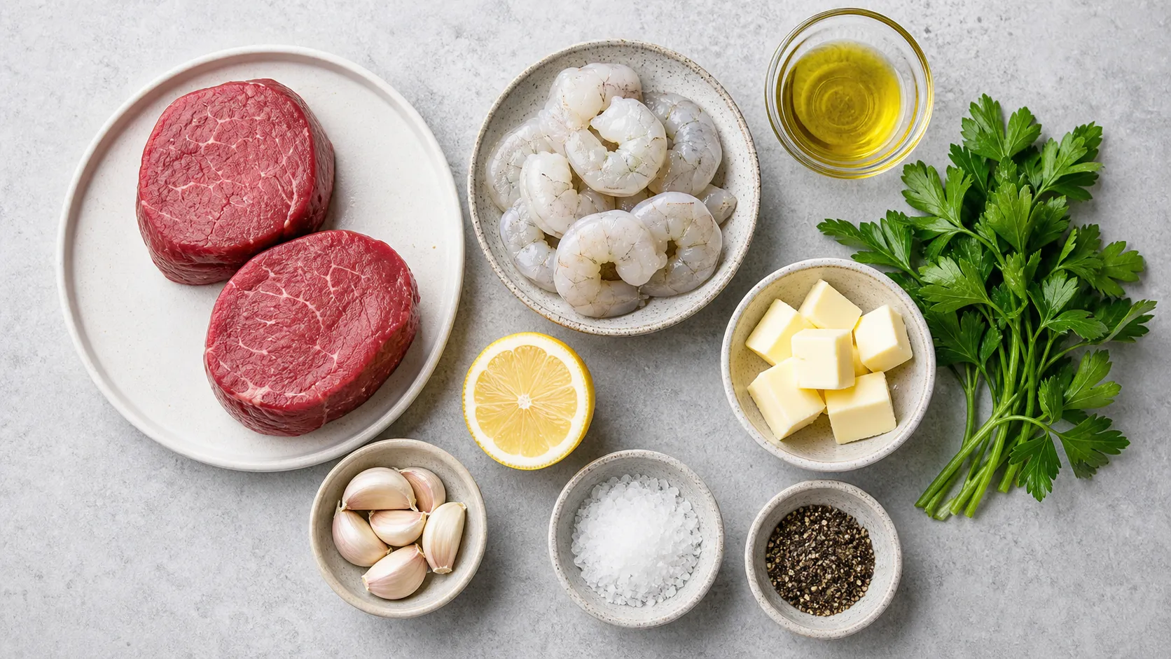 Zutaten: zwei Rinderfilets, rohe Garnelen, Butter, Knoblauch, Petersilie und Zitrone