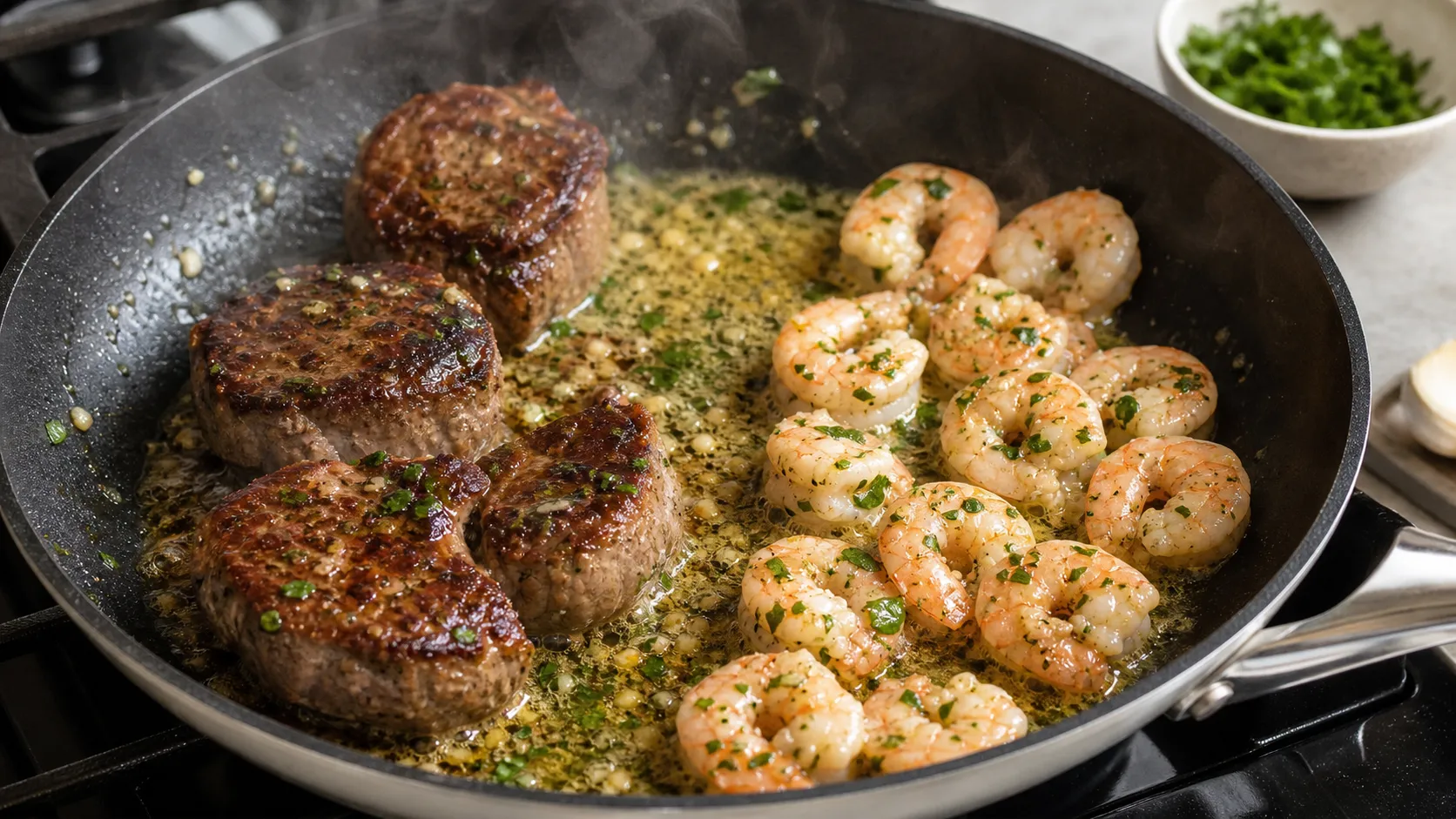 Rinderfilet brät scharf in der Pfanne an, daneben glasieren Garnelen in Kräuterbutter