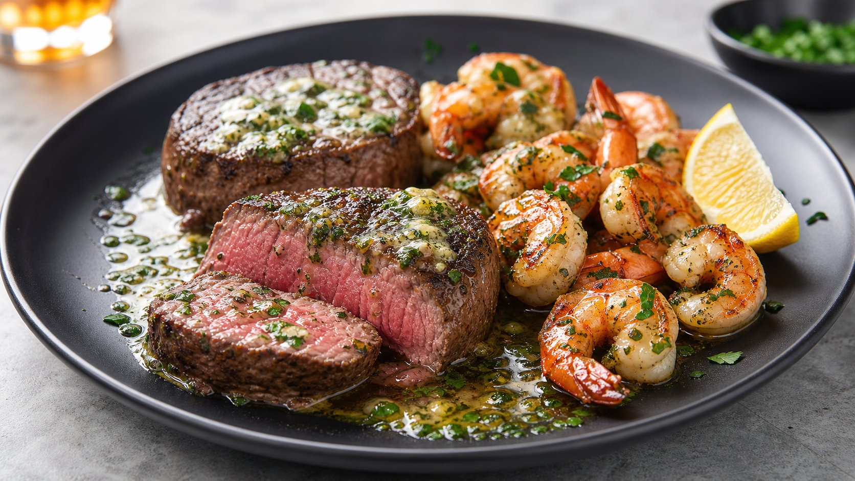Rosa gebratenes Rinderfilet mit Garnelen in Knoblauch-Kräuterbutter und Petersilie auf einem dunklen Teller