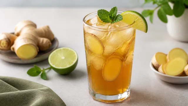 Keto-Switchel mit Ingwer, Apfelessig, Limette und Eiswürfeln in einem hohen Glas