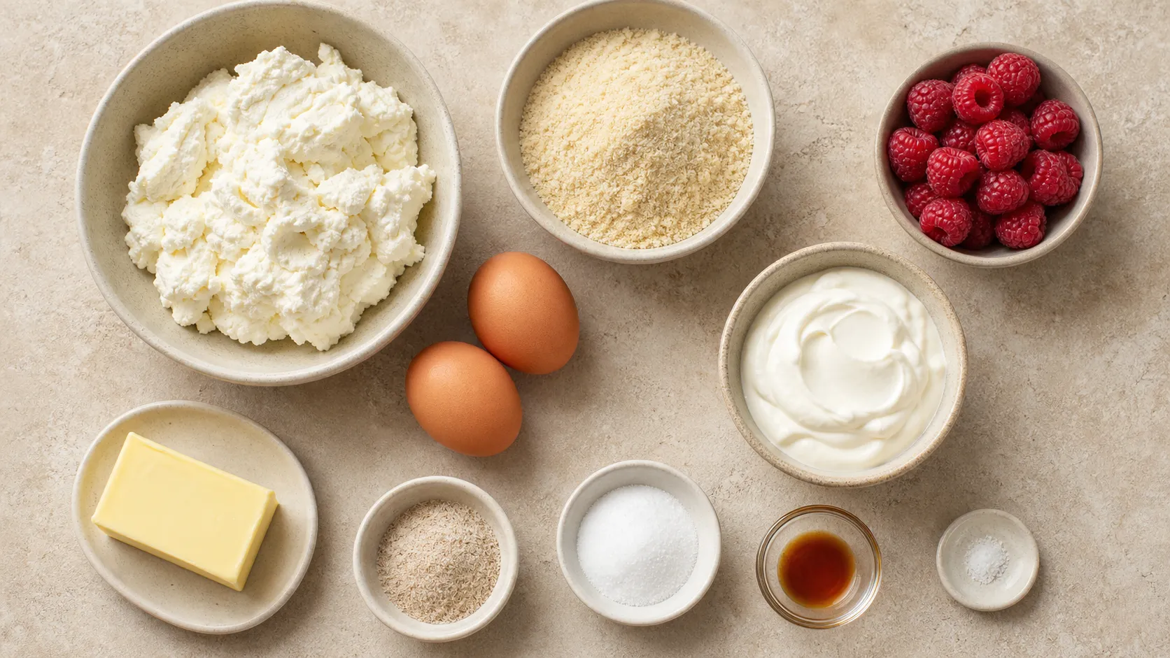 Zutaten für Keto Syrniki: Sahnequark, Eier, Mandelmehl, Flohsamenschalen, Erythrit und Himbeeren