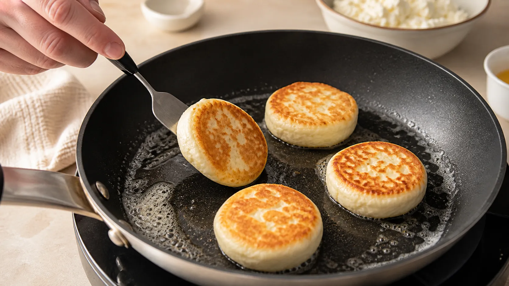 Kleine Quarkpuffer braten in geschmolzener Butter in einer Pfanne