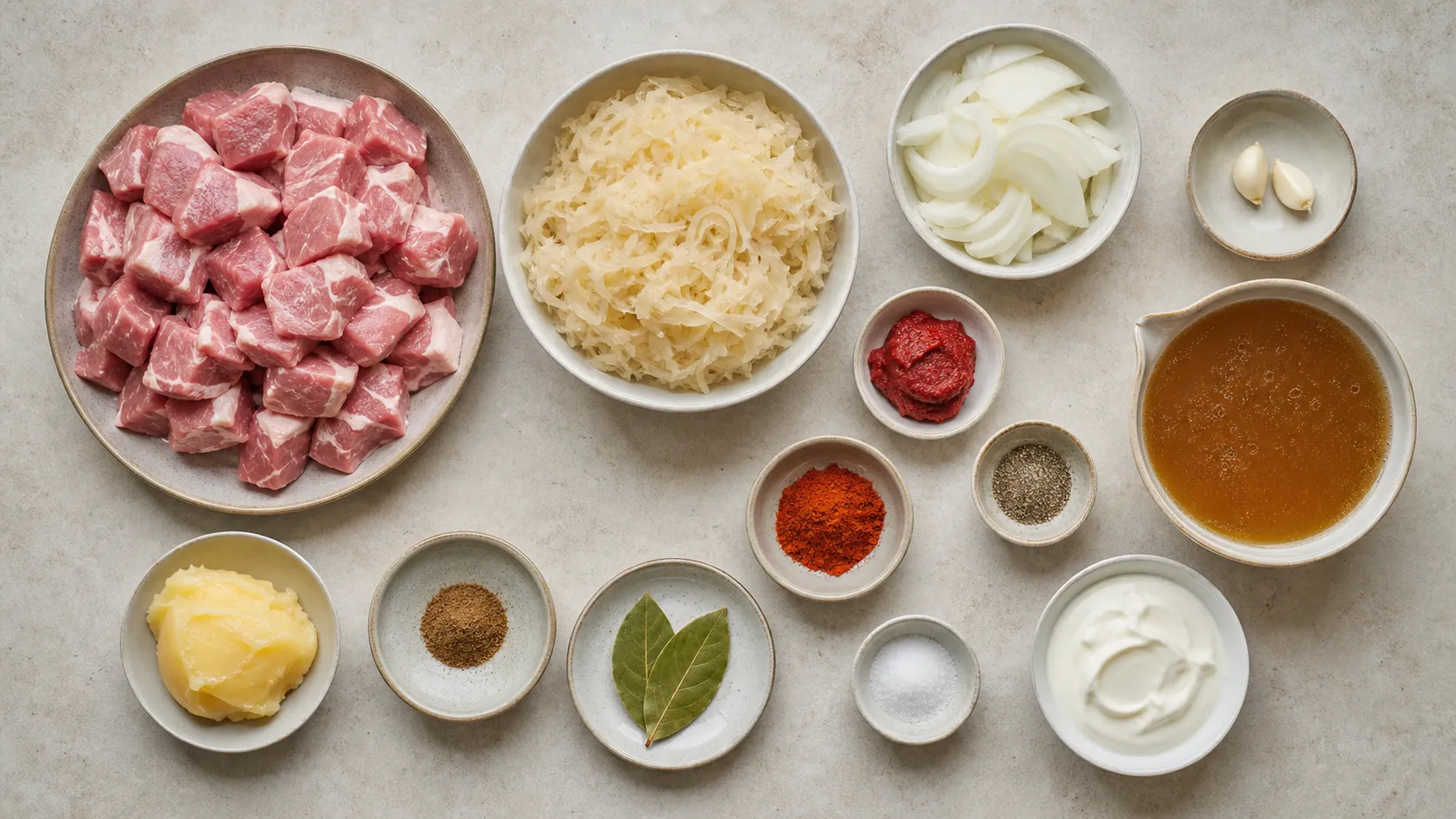 Zutaten für Keto Szegediner Gulasch: gewürfelter Schweinenacken, Sauerkraut, Zwiebeln, Paprikapulver und Schmand