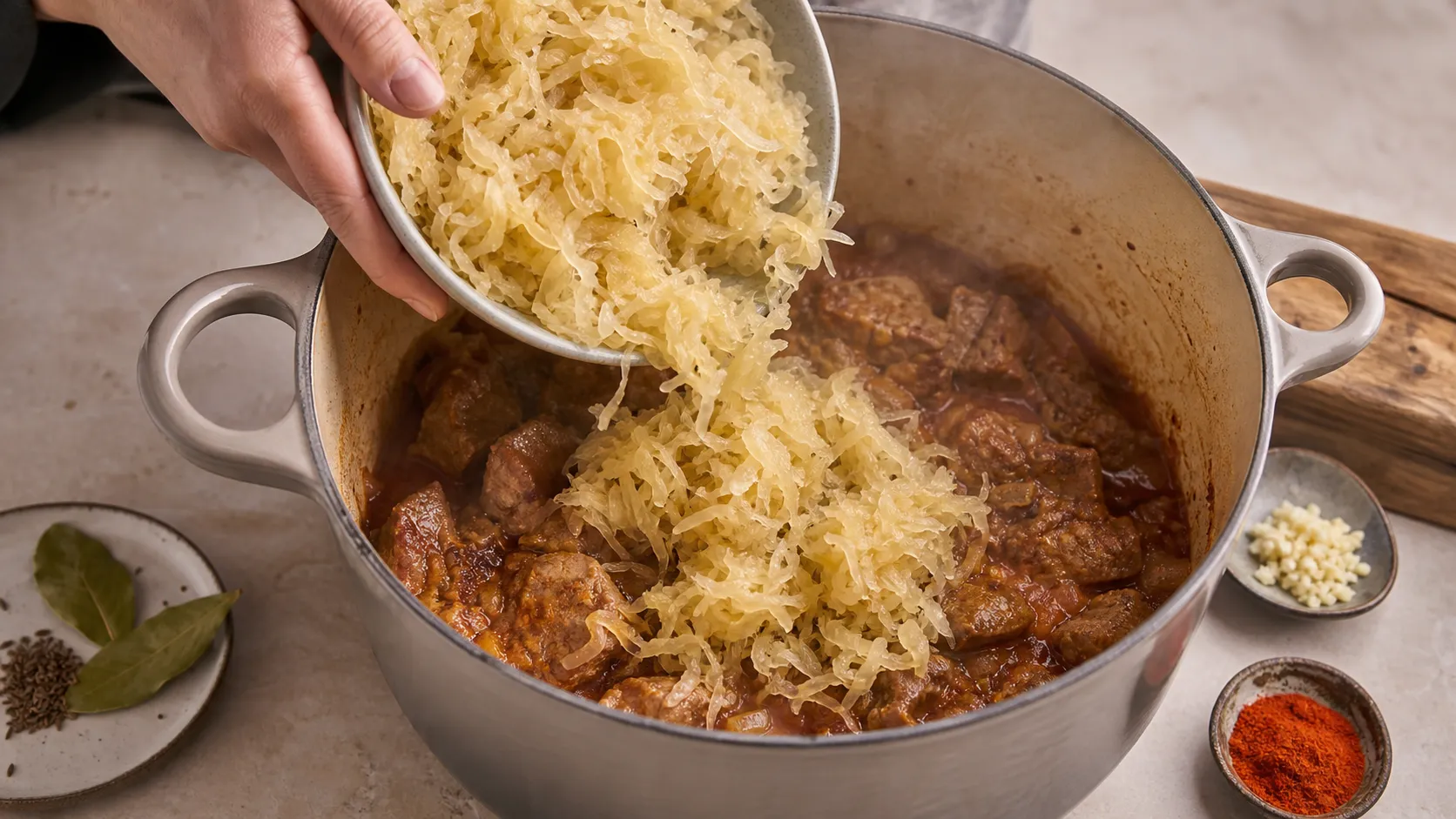 Sauerkraut wird zum angebratenen Fleisch in den Schmortopf gegeben