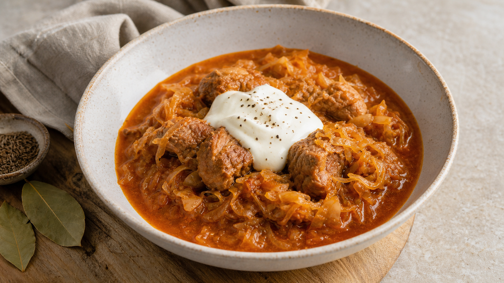Keto Szegediner Gulasch mit Sauerkraut und einem Klecks Schmand in einem tiefen Teller
