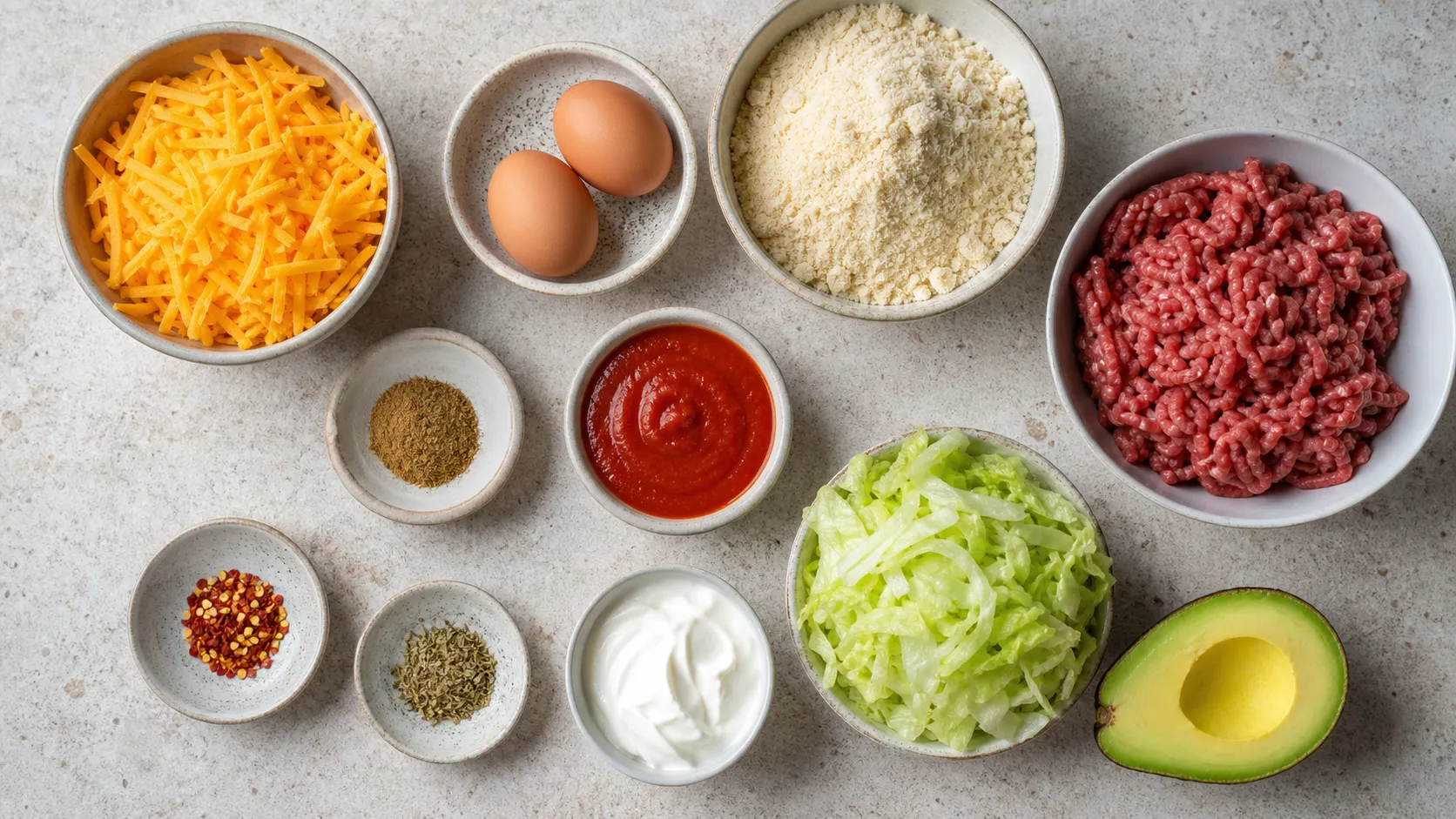 Zutaten für Keto-Tacos: geriebener Cheddar, Eier, Mandelmehl, Rinderhackfleisch, Gewürze, Salat, Schmand und Avocado