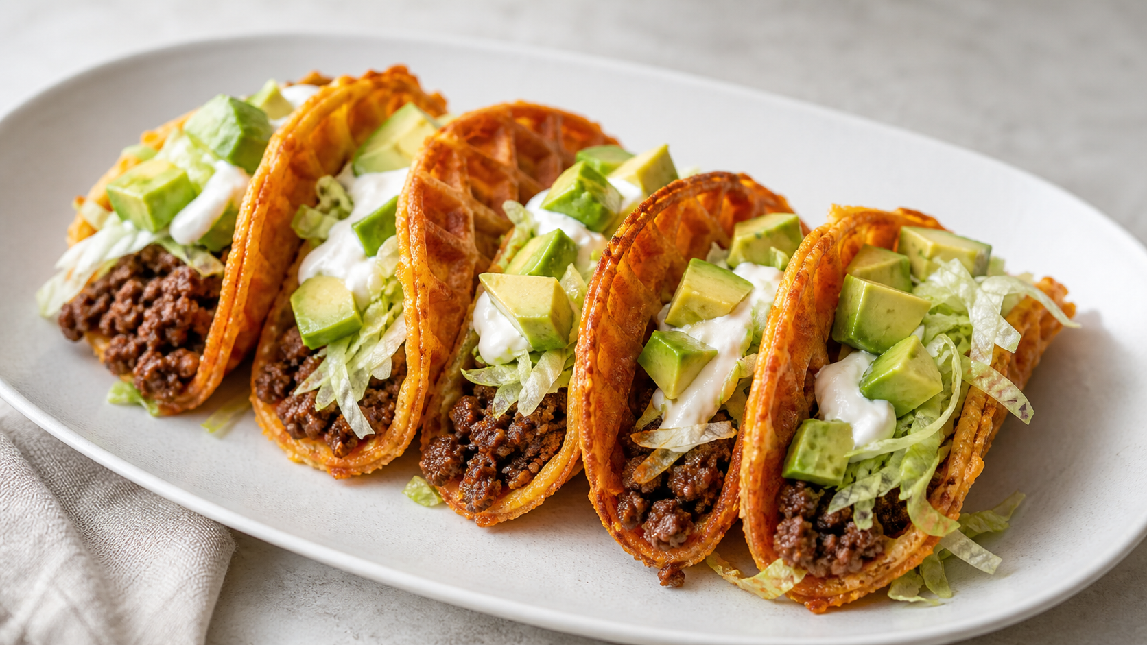 Vier gefüllte Keto-Taco-Shells aus Käsewaffeln mit Hackfleisch, Salat, Schmand und Avocado