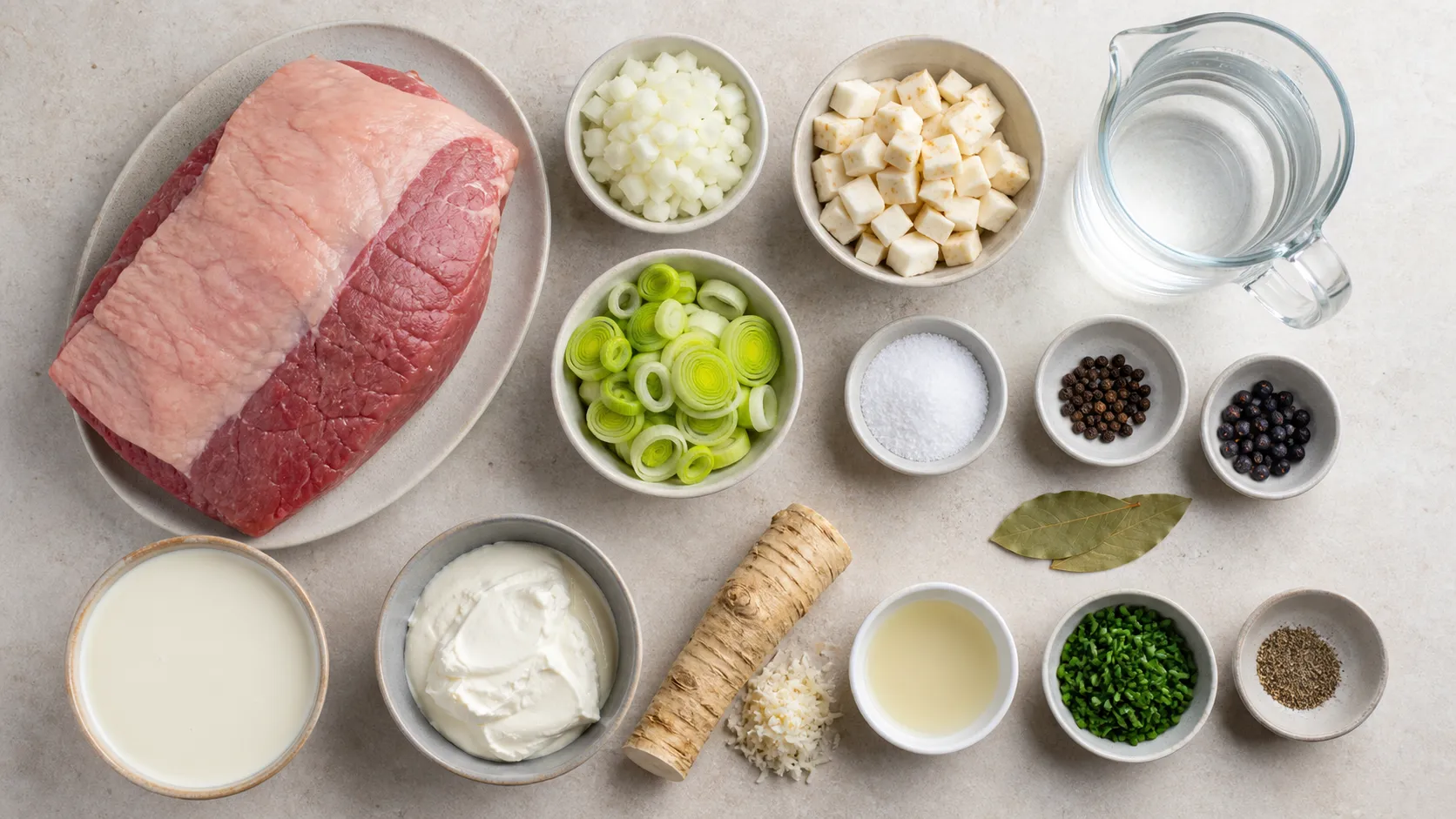 Zutaten für Keto Tafelspitz: Tafelspitz am Stück, Sellerie, Lauch, Zwiebel, Meerrettichwurzel und Sahne