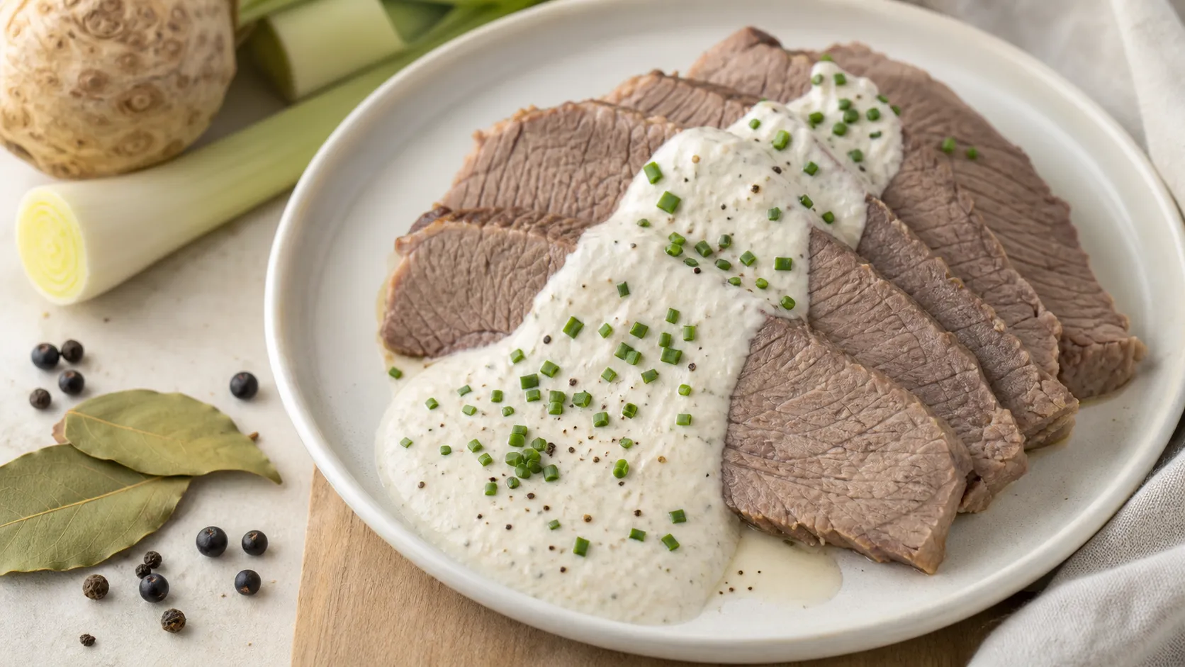 Aufgeschnittener Keto Tafelspitz mit Sahne-Meerrettichsauce und Schnittlauch auf einem Teller