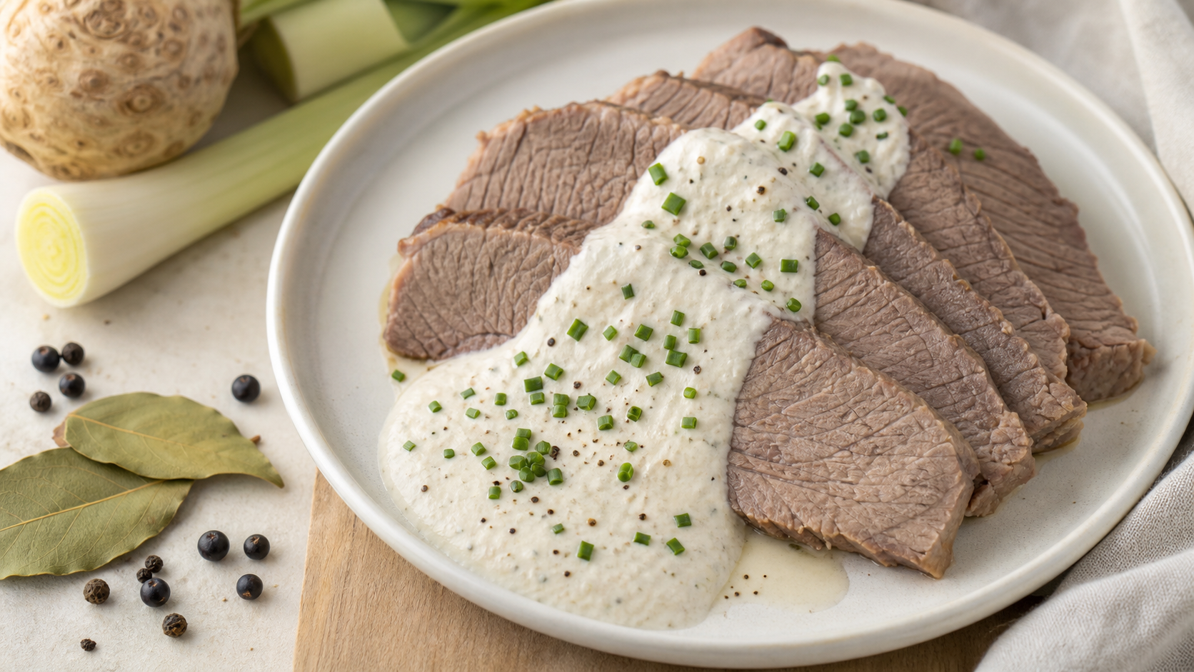 Aufgeschnittener Keto Tafelspitz mit Sahne-Meerrettichsauce und Schnittlauch auf einem Teller