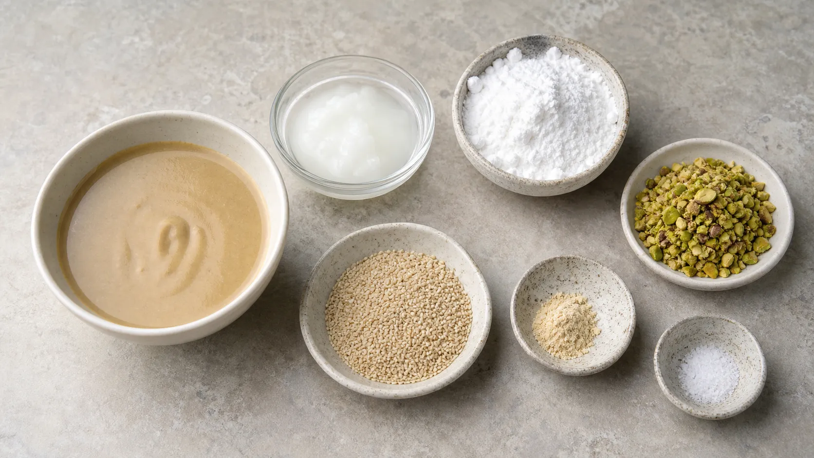 Zutaten für Keto-Halva: Tahini im Glas, Kokosöl, Erythrit-Puder, Vanille und Pistazien