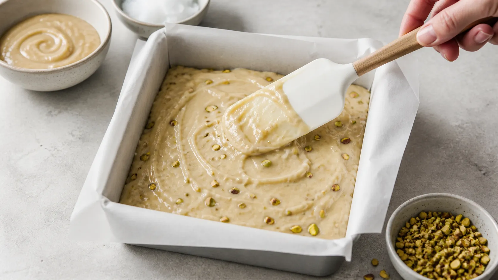 Cremige Tahini-Masse wird in eine mit Backpapier ausgelegte Form gestrichen