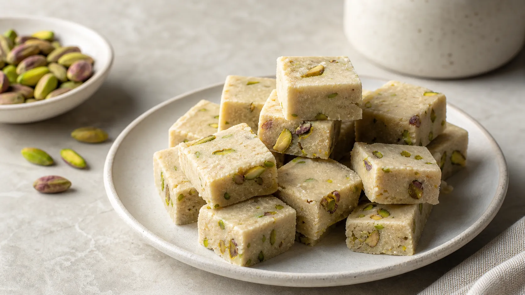 In Würfel geschnittenes helles Halva-Konfekt mit grünen Pistazienstücken auf einem Teller