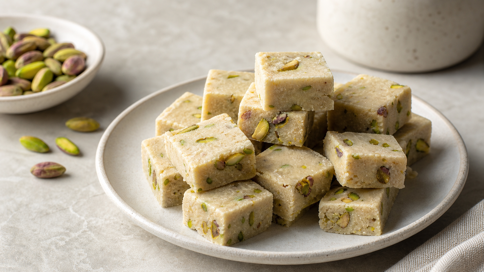 In Würfel geschnittenes helles Halva-Konfekt mit grünen Pistazienstücken auf einem Teller