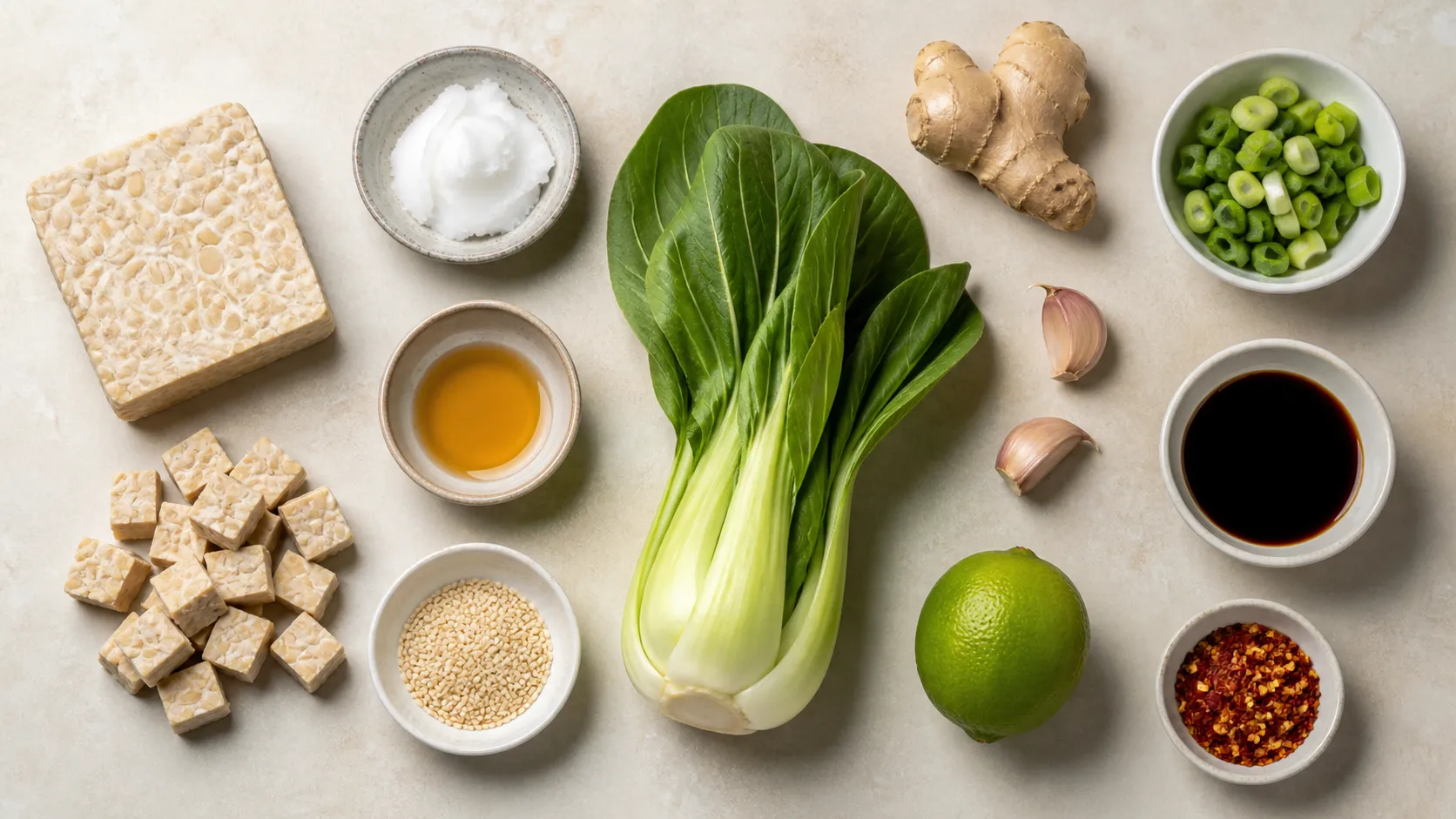 Zutaten für die Keto Tempeh-Pfanne: Tempeh, Pak Choi, Ingwer, Knoblauch, Sojasauce, Sesamöl und Sesamsaat