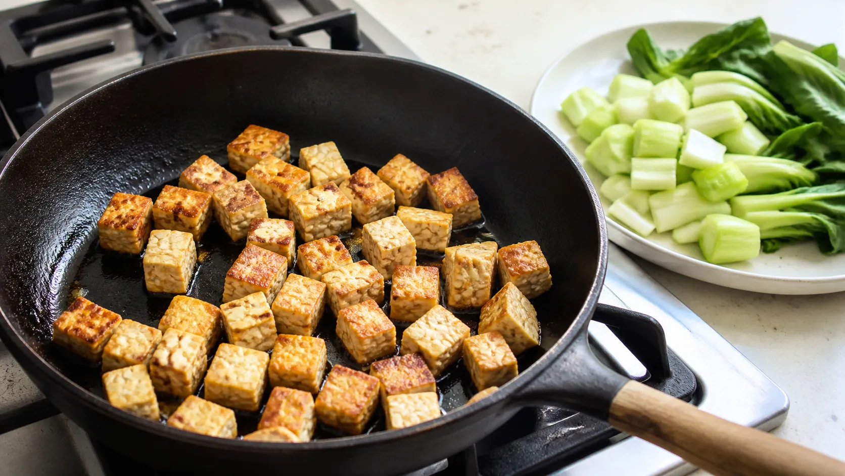 Tempeh-Würfel braten in der heißen Pfanne goldbraun an, daneben liegt geschnittener Pak Choi bereit