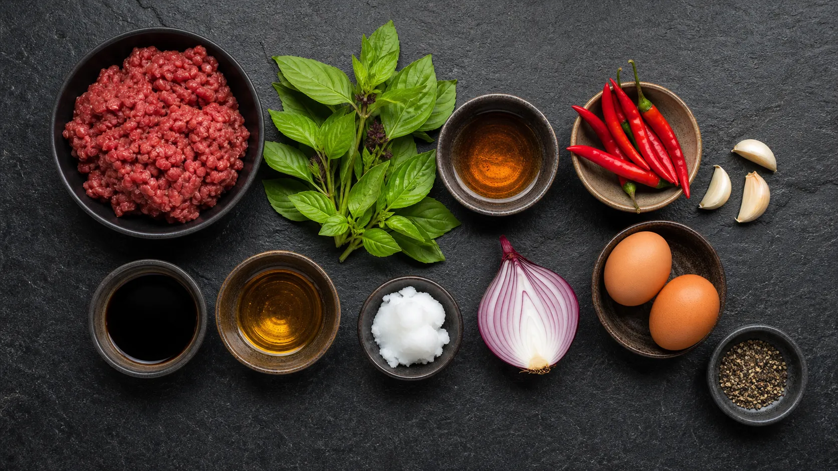 Flatlay der Zutaten für Keto Pad Krapao mit Rinderhack, Thai-Basilikum, Chilis und Fischsauce