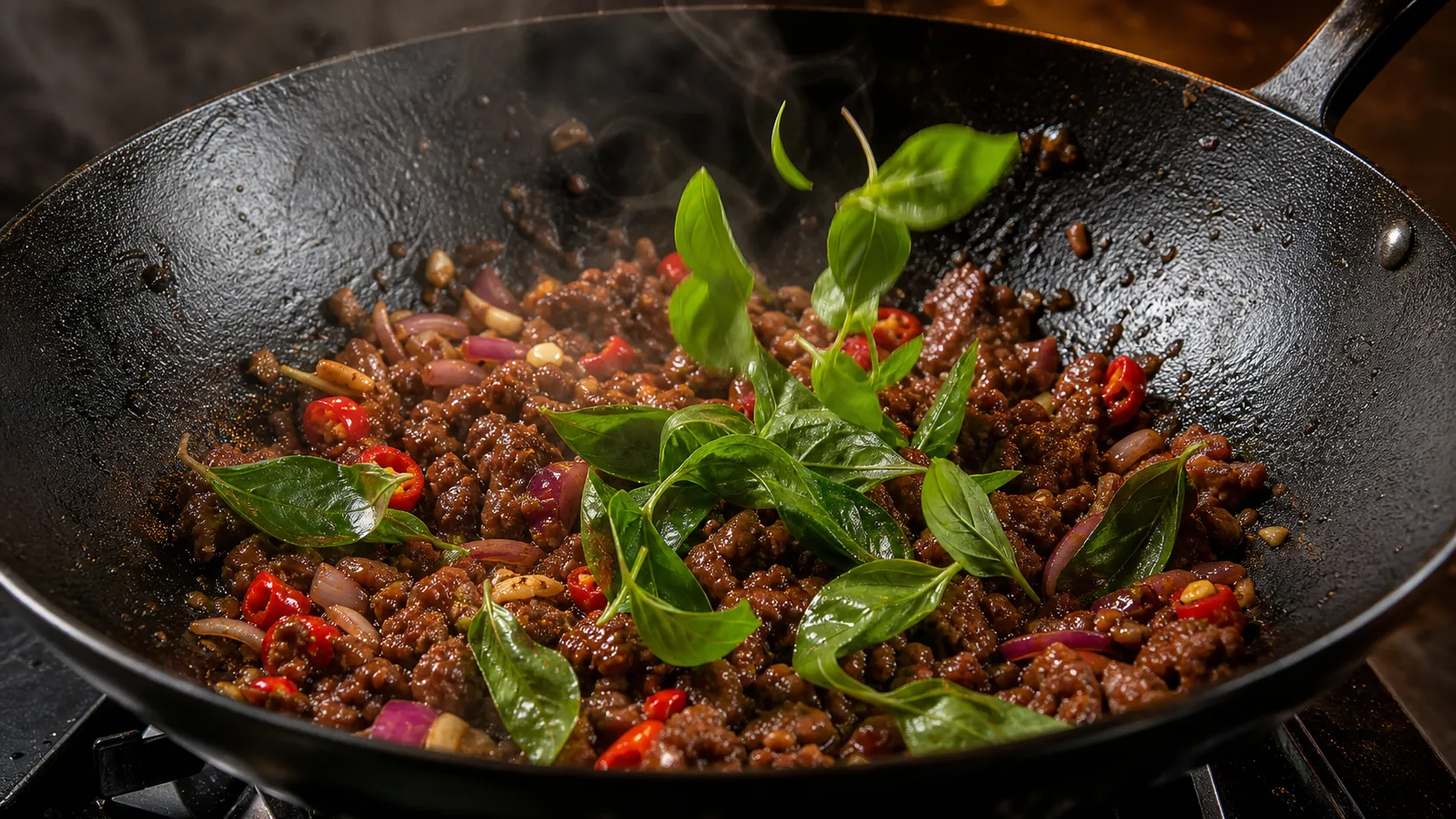 Rinderhack wird im Wok mit Chili, Knoblauch und Thai-Basilikum scharf angebraten