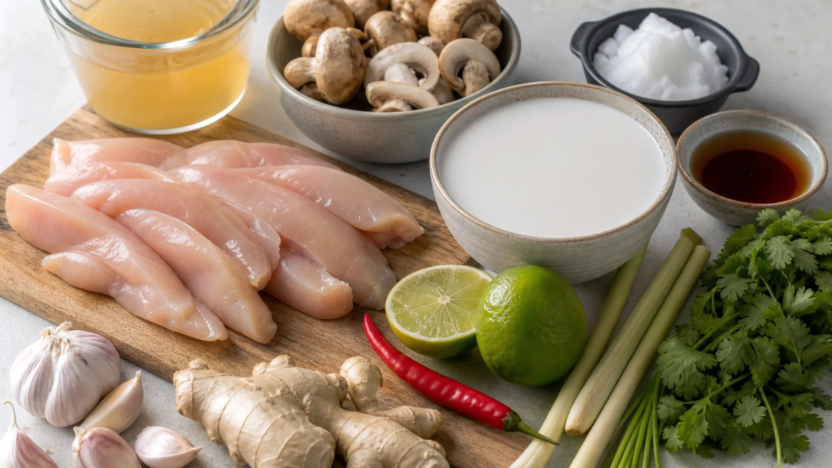 Zutaten für Keto-Thai-Kokos-Hähnchen-Suppe mit Hähnchenbrust, Kokosmilch, Champignons, Limette, Ingwer, Chili, Zitronengras und Koriander