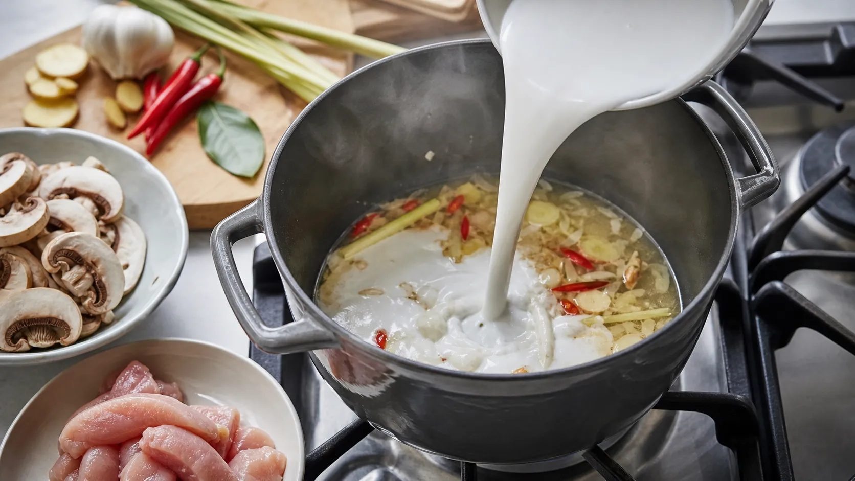 Kokosmilch wird in einen Topf mit Ingwer, Chili und Zitronengras für die Keto-Thai-Kokos-Hähnchen-Suppe gegossen