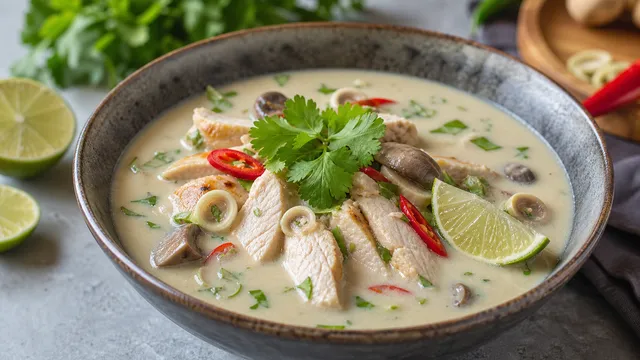 Keto-Thai-Kokos-Hähnchen-Suppe in einer Schüssel mit Pilzen, Koriander und Limettenspalte