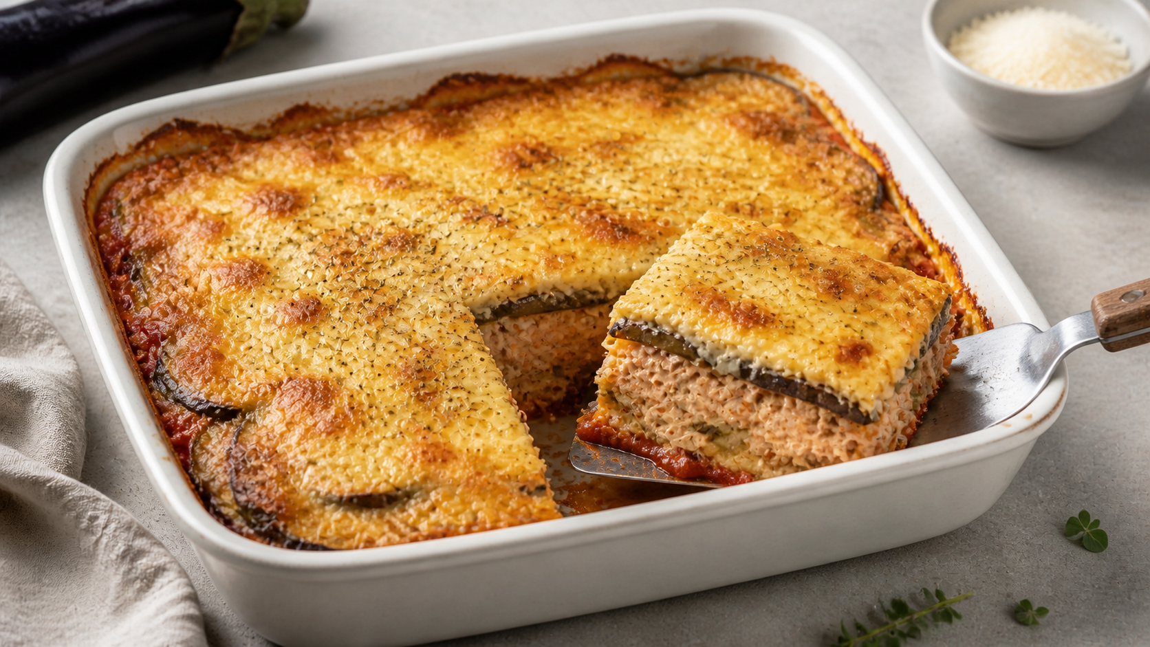 Keto Thunfisch-Auberginen-Auflauf mit goldbrauner Parmesan-Kruste und sichtbaren Schichten