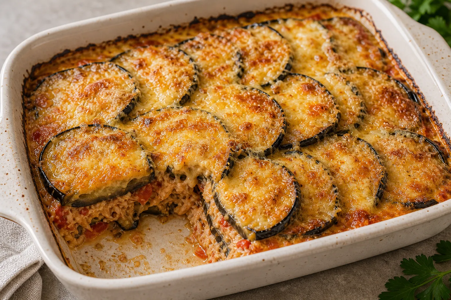 Keto Thunfisch-Auberginen-Auflauf mit goldbrauner Parmesan-Kruste frisch aus dem Ofen