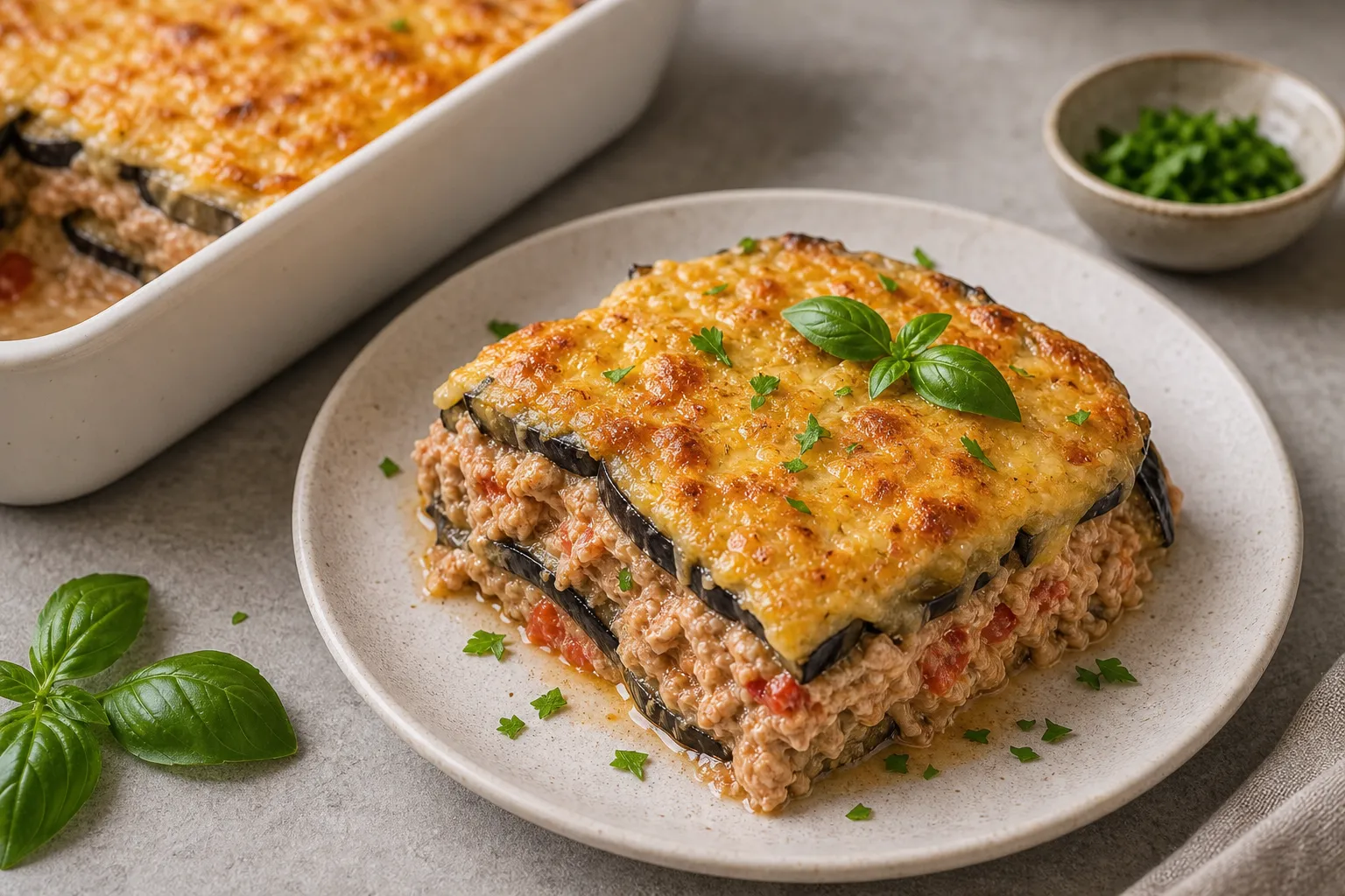 Fertiger Keto Thunfisch-Auflauf mit knuspriger Parmesan-Kruste, portioniert auf einem Teller