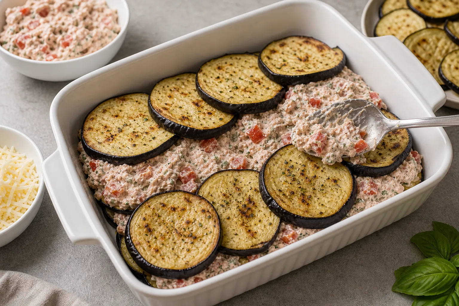Auberginen-Scheiben in einer Auflaufform schichten und mit Thunfisch-Frischkäse-Mischung belegen