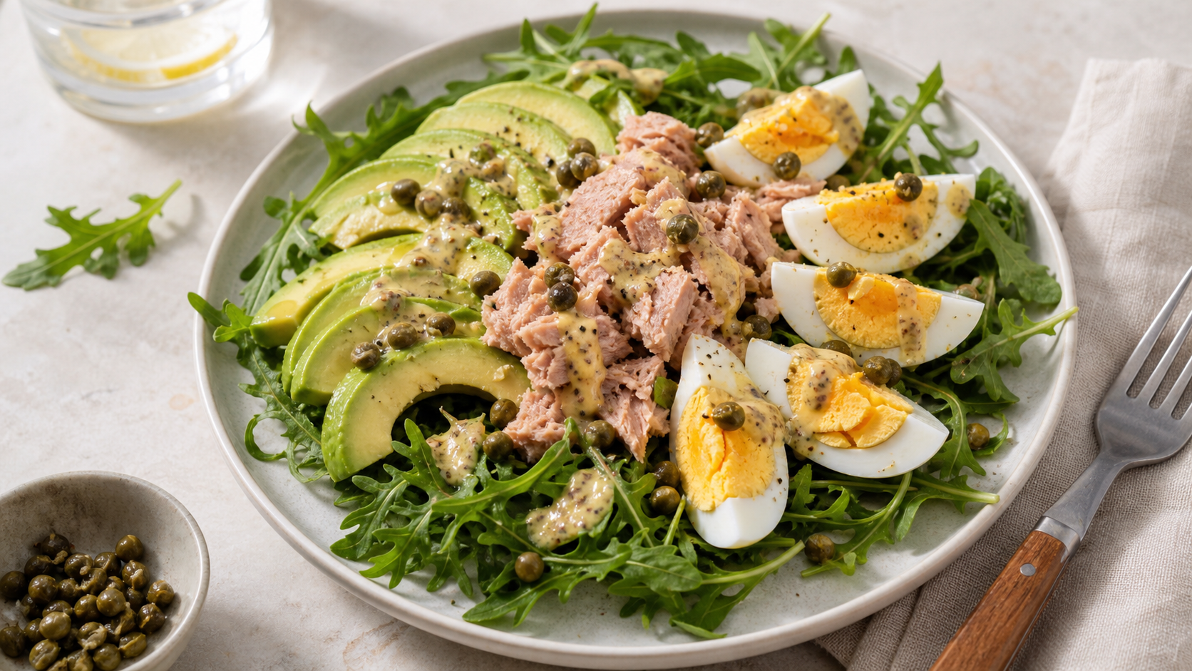 Keto-Thunfisch-Avocado-Teller mit hartgekochten Eiern, Rucola und Kapern-Senf-Dressing