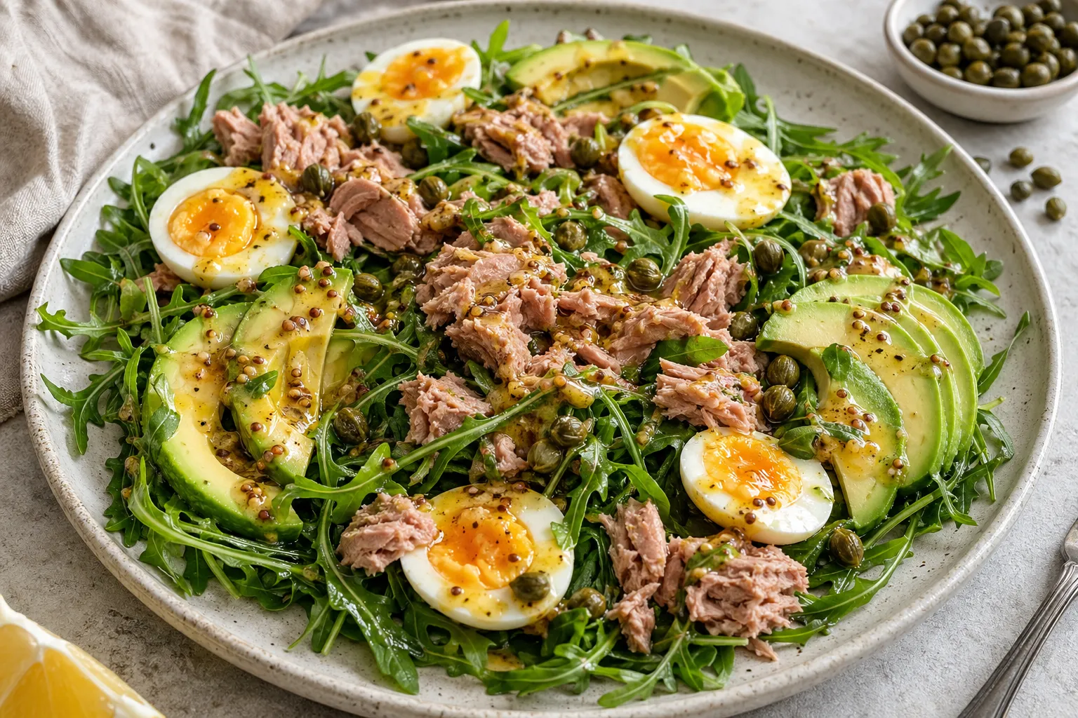 Keto-Thunfisch-Avocado-Teller mit hartgekochten Eiern, Rucola und Kapern-Senf-Dressing