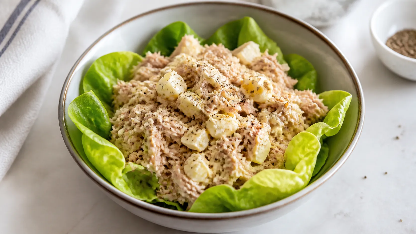Keto Thunfisch-Ei-Salat in einer Schüssel mit Mayo, Senf und Pfeffer