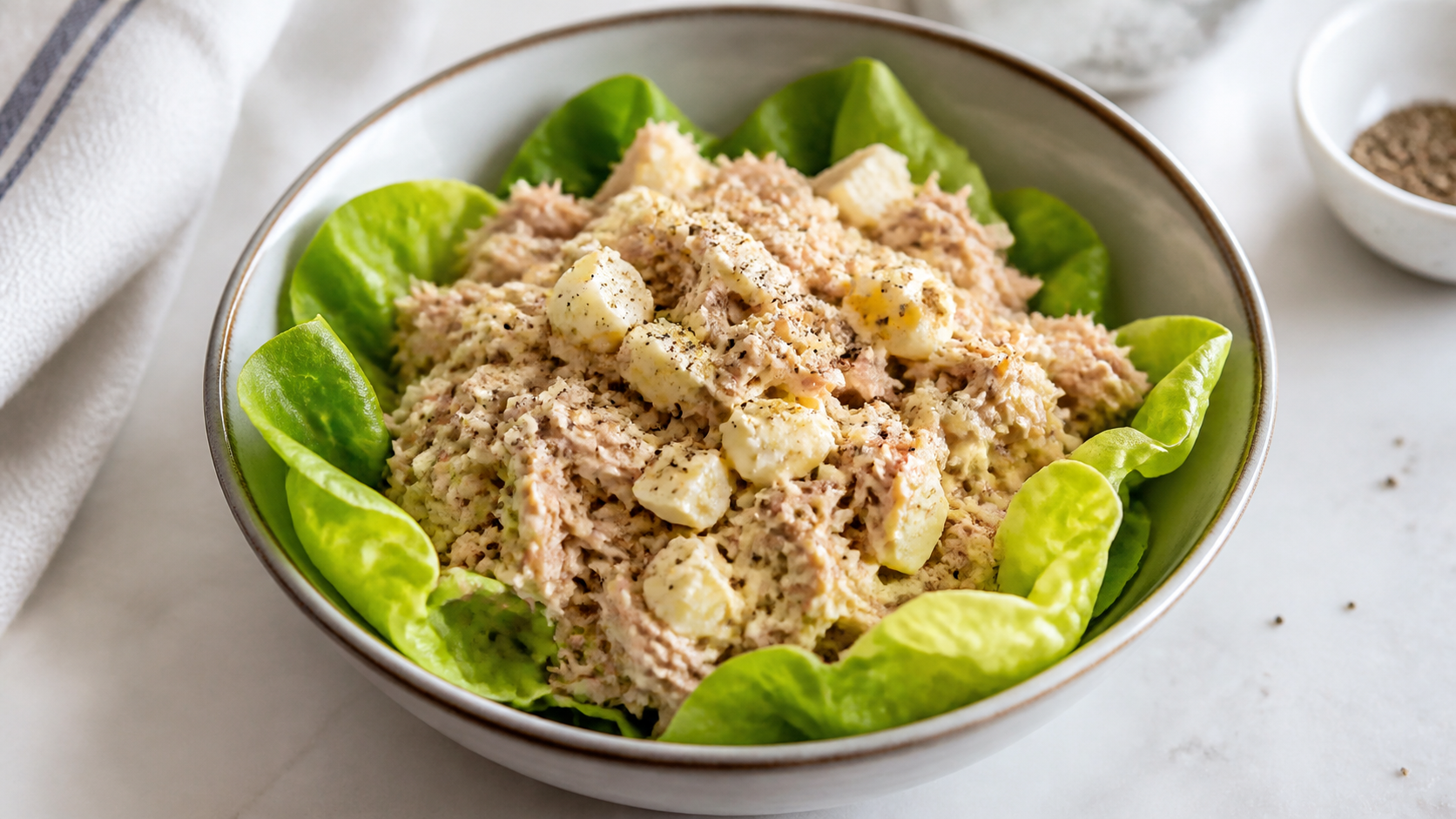 Keto Thunfisch-Ei-Salat in einer Schüssel mit Mayo, Senf und Pfeffer