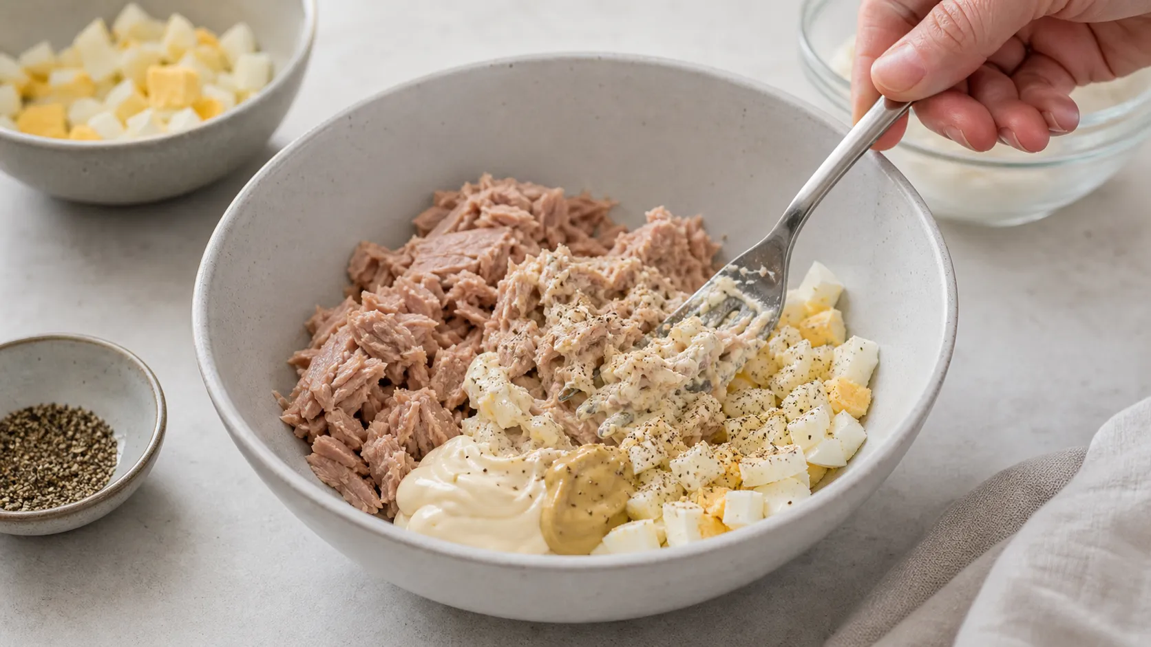 Thunfisch wird mit gehacktem Ei und Mayo vermengt