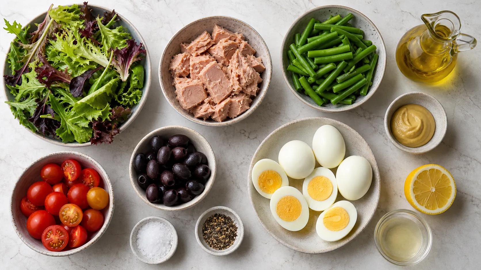 Zutaten für Keto-Thunfischsalat: Thunfisch, Eier, grüne Bohnen, Oliven, Cherry-Tomaten und Blattsalat