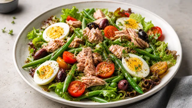 Keto-Thunfischsalat nach Niçoise-Art mit Thunfisch, Ei, grünen Bohnen, Oliven und Cherry-Tomaten auf einem Teller