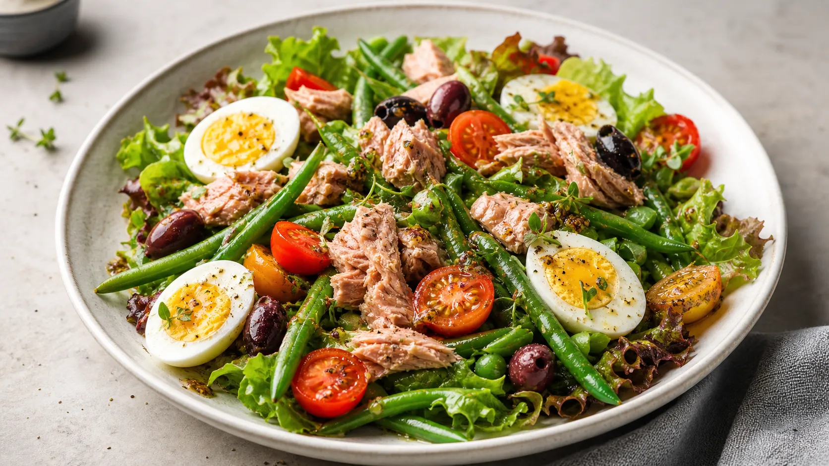 Keto-Thunfischsalat nach Niçoise-Art mit Thunfisch, Ei, grünen Bohnen, Oliven und Cherry-Tomaten auf einem Teller