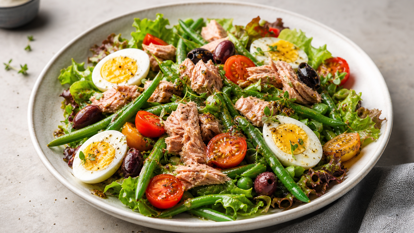 Keto-Thunfischsalat nach Niçoise-Art mit Thunfisch, Ei, grünen Bohnen, Oliven und Cherry-Tomaten auf einem Teller