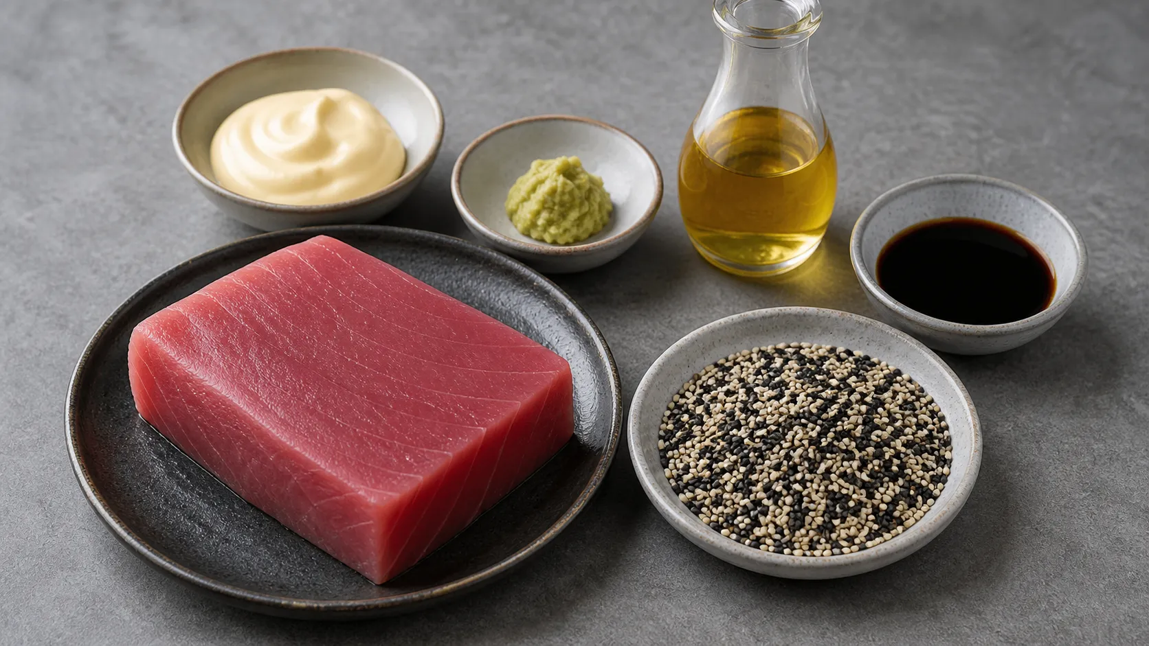 Zutaten für Keto Thunfischsteak: frisches Thunfischsteak, schwarzer und weißer Sesam, Sesamöl, Mayonnaise, Wasabi-Paste und Sojasauce