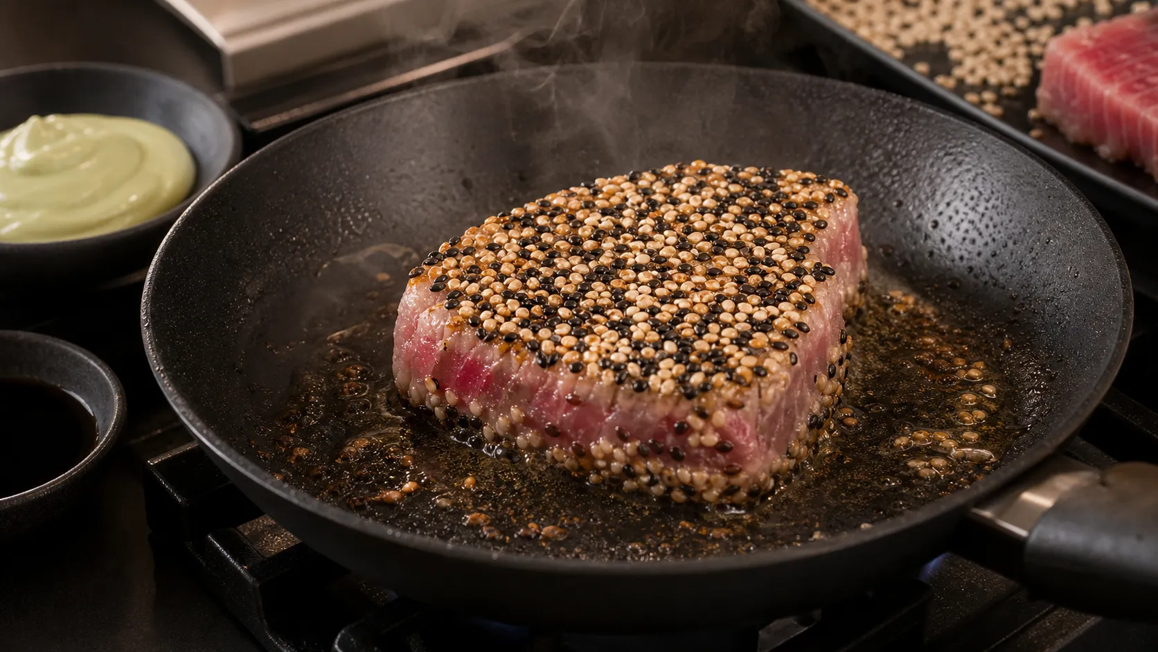 Thunfischsteak wird in Sesam gewendet und anschließend in der heißen Pfanne scharf angebraten