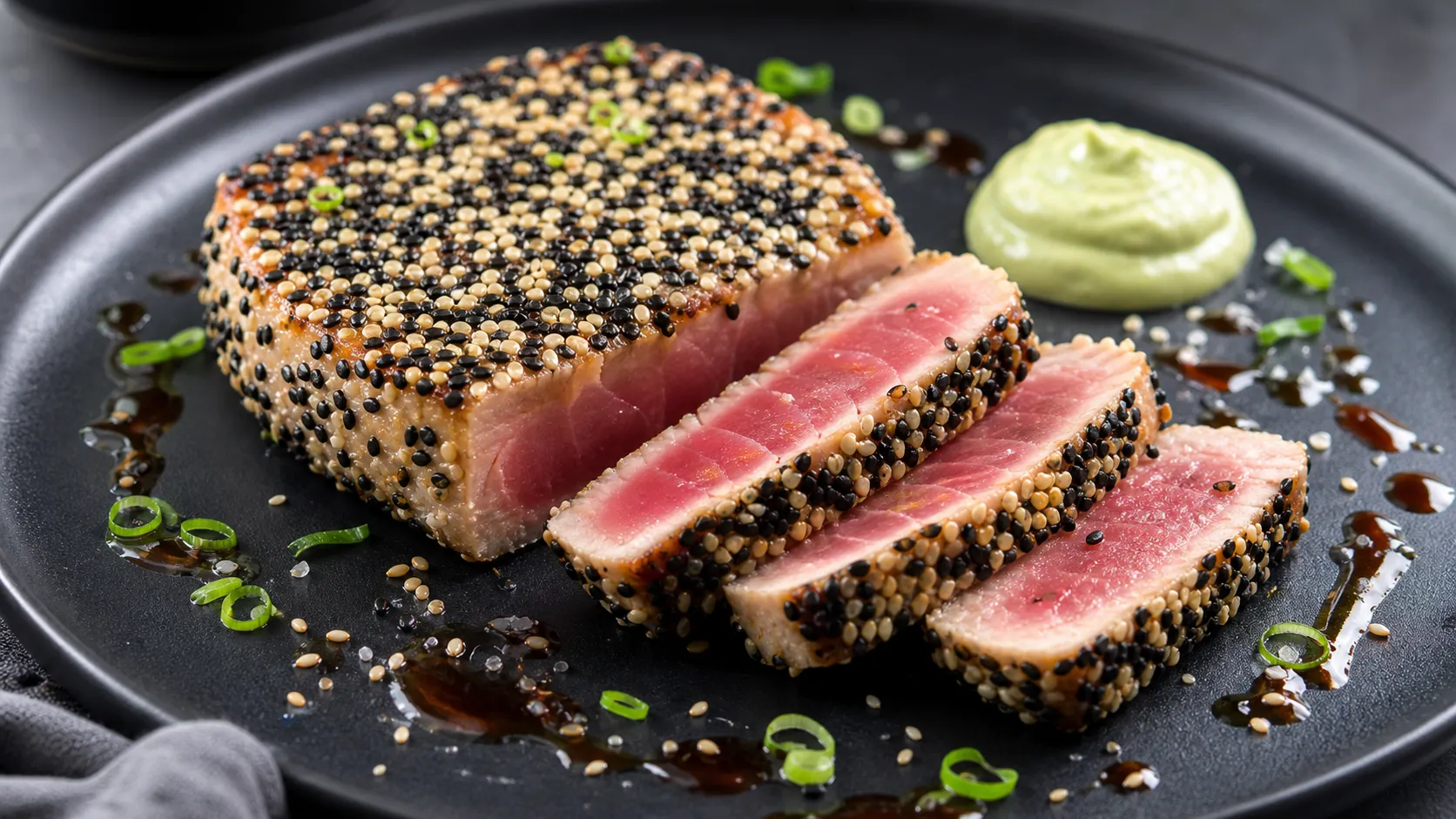 Keto Thunfischsteak mit Sesam-Kruste aufgeschnitten auf einem dunklen Teller, dazu Wasabi-Mayo und Sojasauce