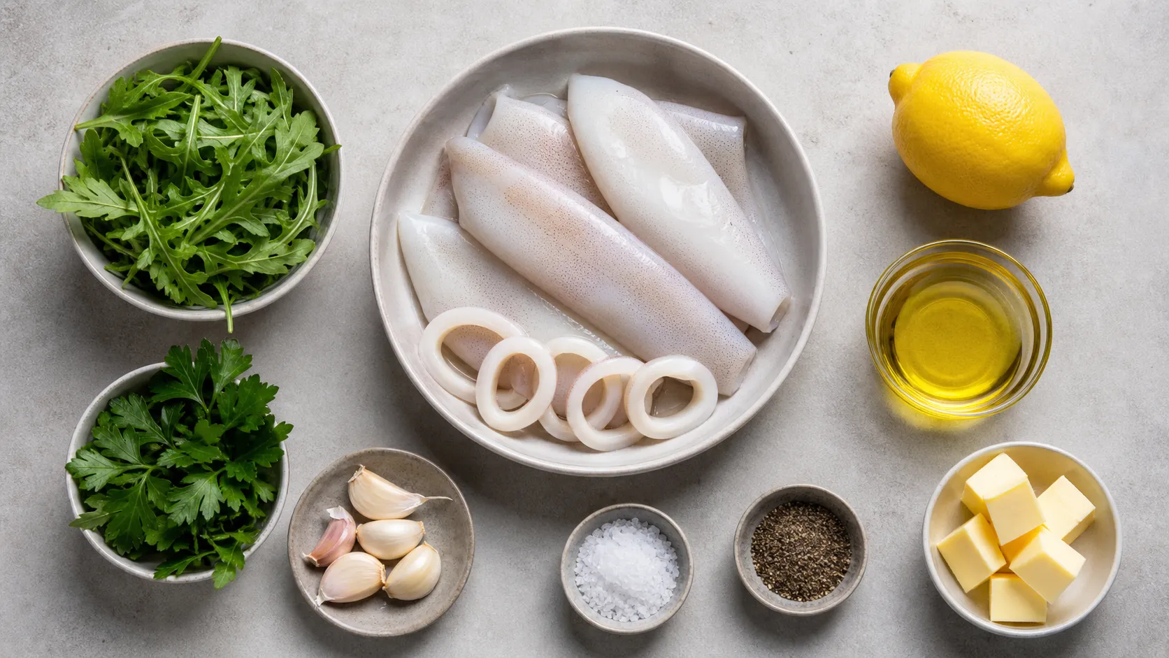 Zutaten für Keto-Tintenfischringe: frische Tintenfischtuben, Butter, Knoblauch, Zitrone und Rucola
