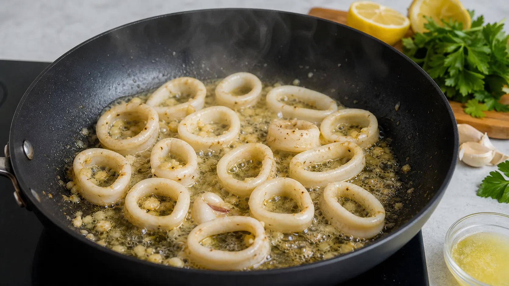 Tintenfischringe braten kurz und heiß in der Pfanne mit Knoblauch und Butter