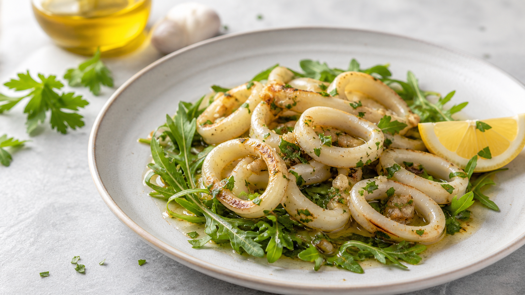 Gebratene Keto-Tintenfischringe in Knoblauch-Zitronen-Butter auf Rucola mit Petersilie und Zitronenspalte