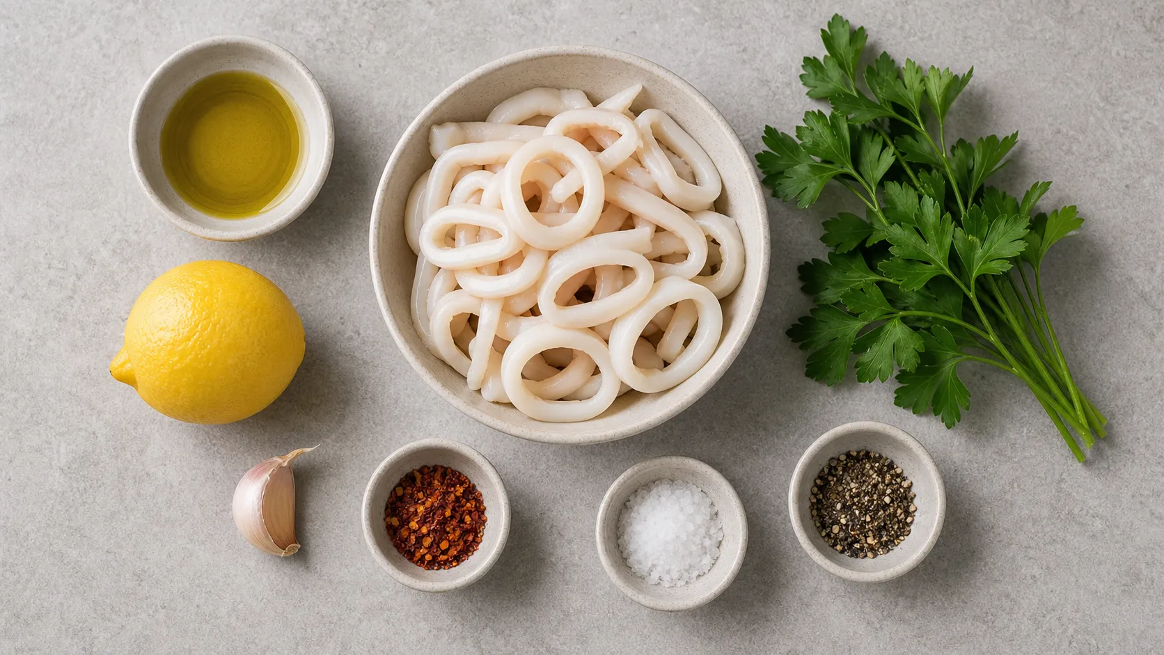 Zutaten für Keto Tintenfischsalat mit Calamari-Ringen, Olivenöl, Zitrone, Knoblauch, Petersilie und Chiliflocken