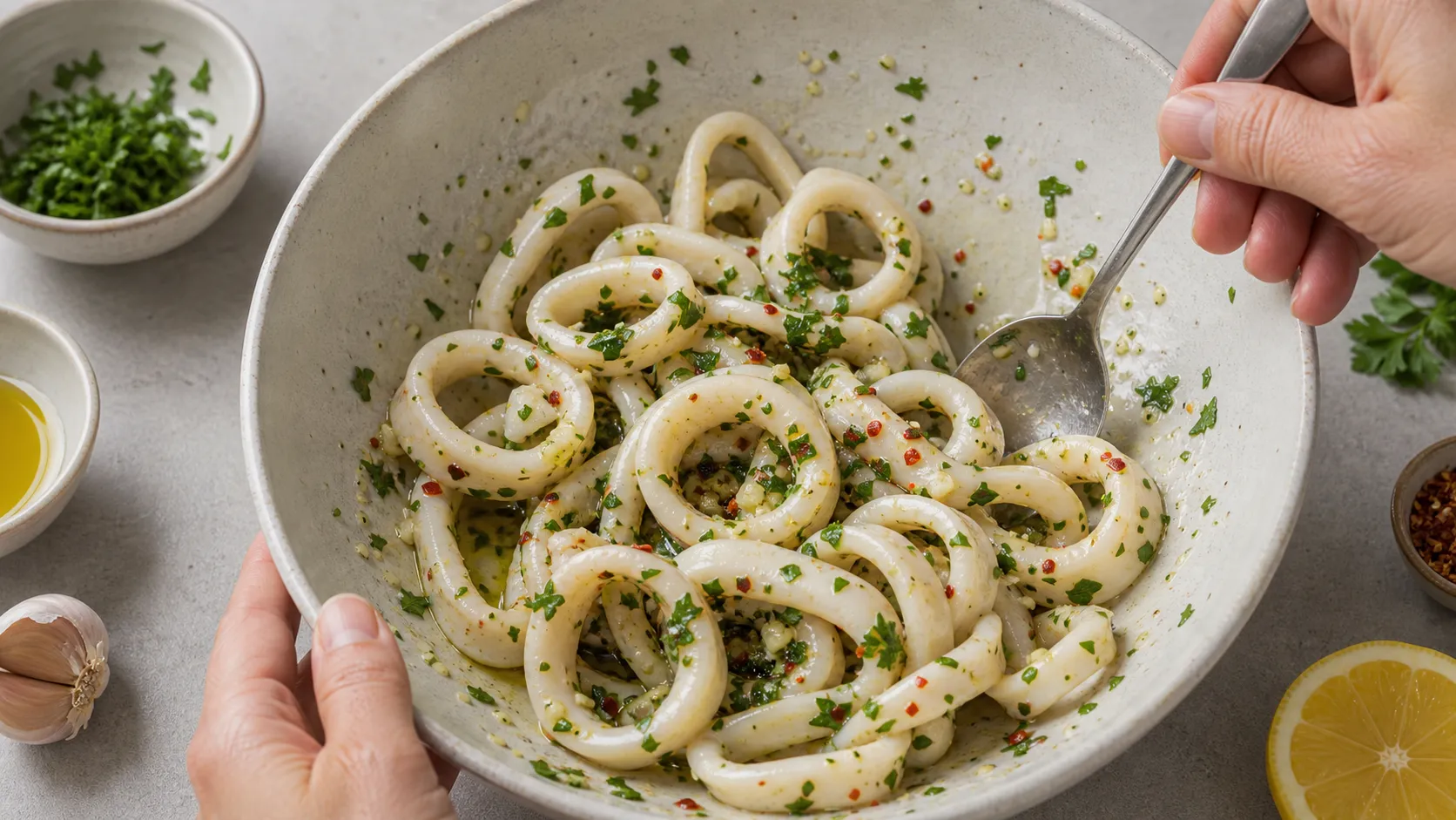 Calamari-Ringe werden mit Olivenöl, Zitrone, Knoblauch und Petersilie für Tintenfischsalat vermengt